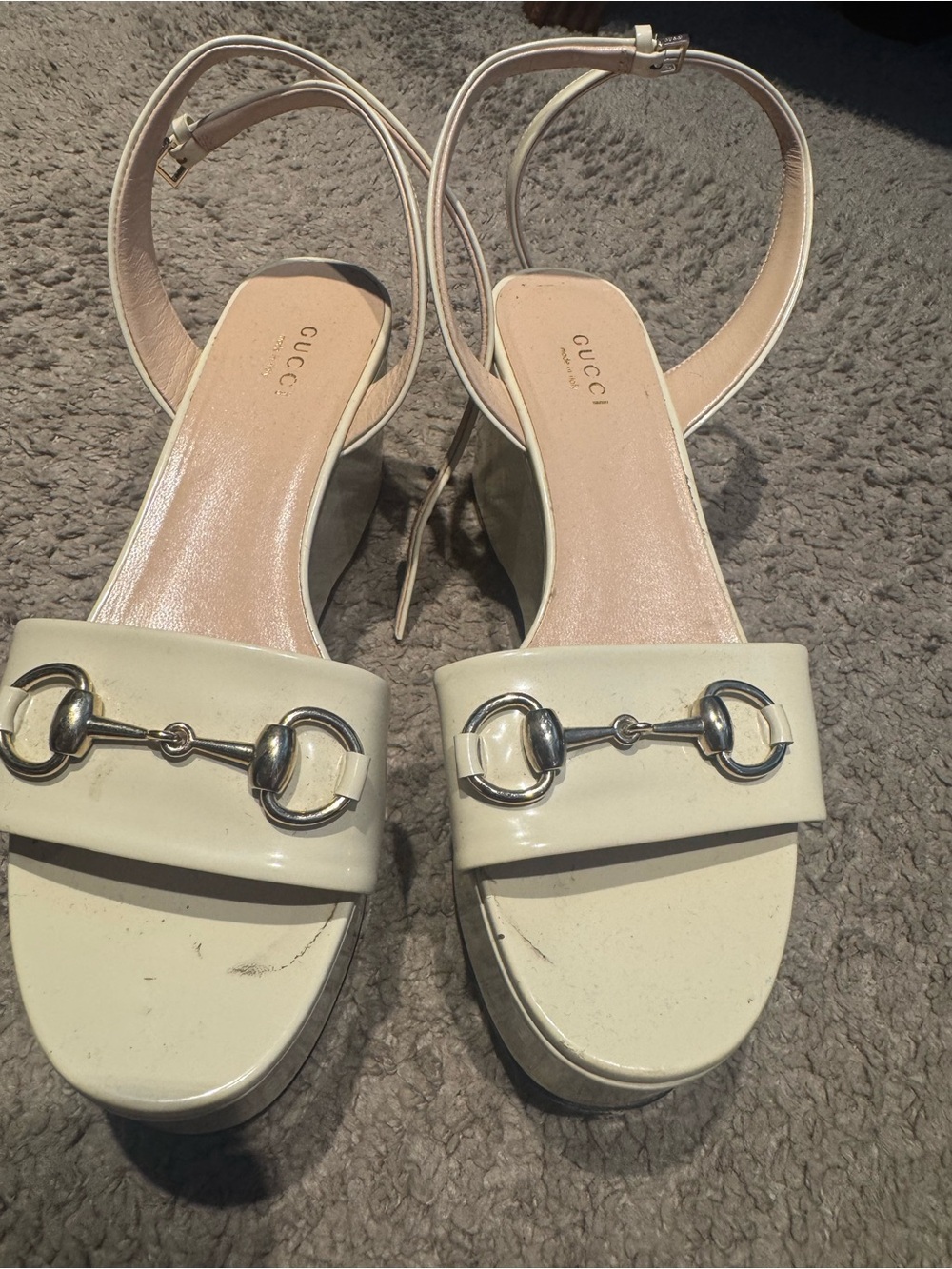 Gucci Cream Patent Leather Horsebit Platform Heels